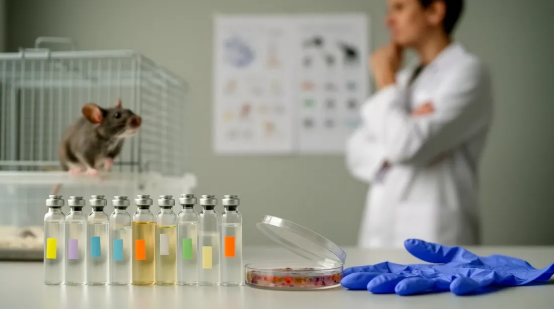Investigadora en laboratorio observa a una rata en jaula junto a tubos de muestras