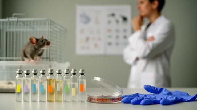 Investigadora en laboratorio observa a una rata en jaula junto a tubos de muestras