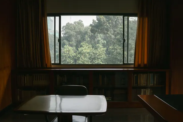 Despacho con estanterías de libros y vista a un parque arbolado