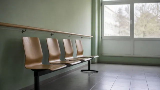 Banco de espera con sillas de madera en sala con paredes verdes y ventana