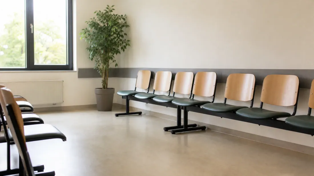 Sala de espera con sillas metálicas alineadas junto a pared beige y ventana