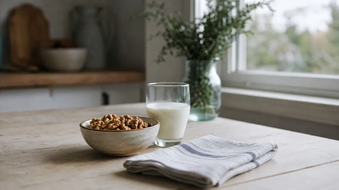 Encimera de cocina con un cuenco de cereales, un vaso de leche y flores frescas