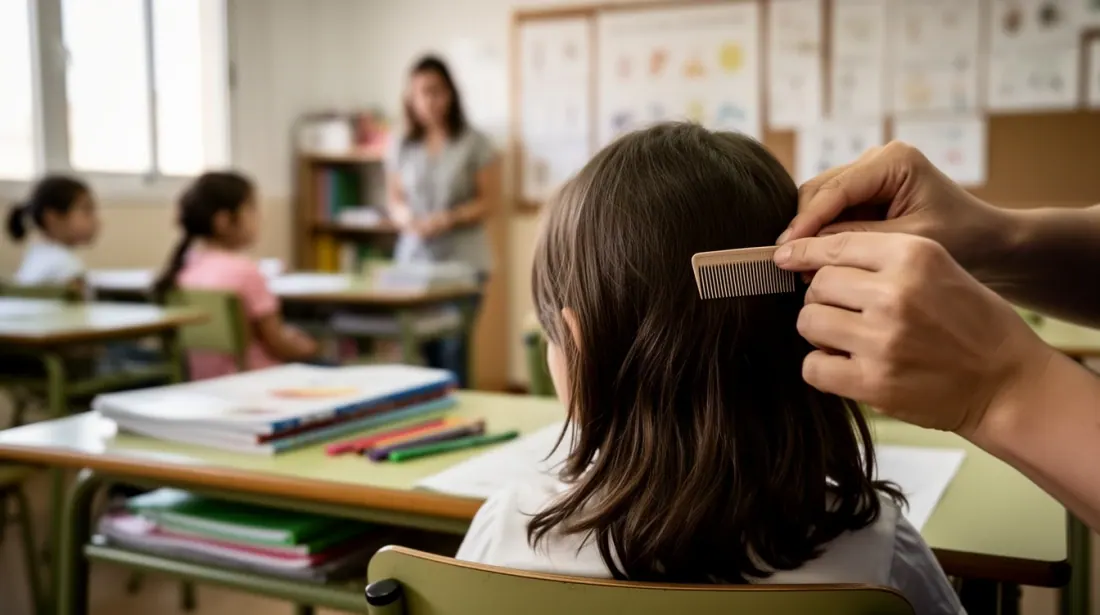 Una persona peinando el cabello a una alumna en una aula mientras una maestra