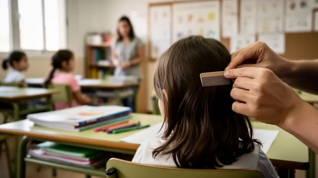 Una persona peinando el cabello a una alumna en una aula mientras una maestra