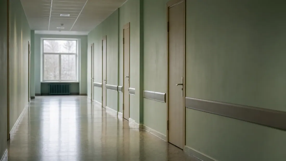Pasillo de un centro sanitario con puertas cerradas y paredes verdes