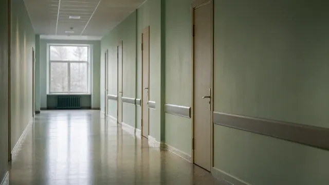 Pasillo de un centro sanitario con puertas cerradas y paredes verdes