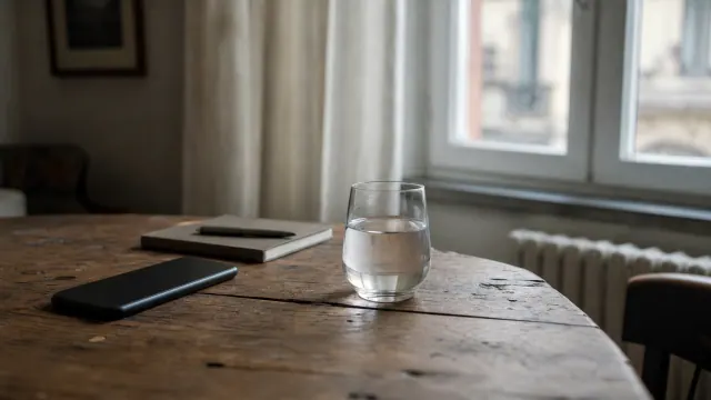 Un vaso con agua sobre una mesa de madera junto a un teléfono y una libreta