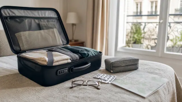 Maleta abierta con ropa, gafas y accesorios de viaje sobre una cama