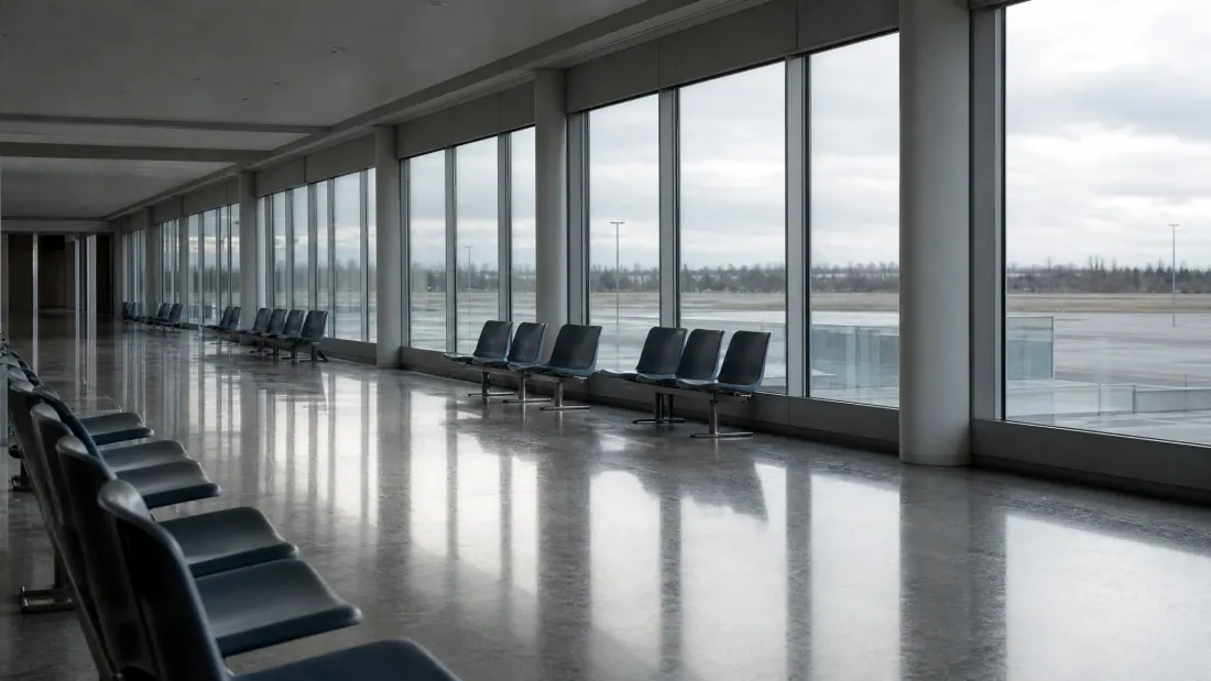 Sala de espera con sillas negras y vista panorámica a través de grandes ventanales