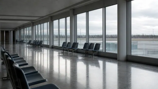 Sala de espera con sillas negras y vista panorámica a través de grandes ventanales