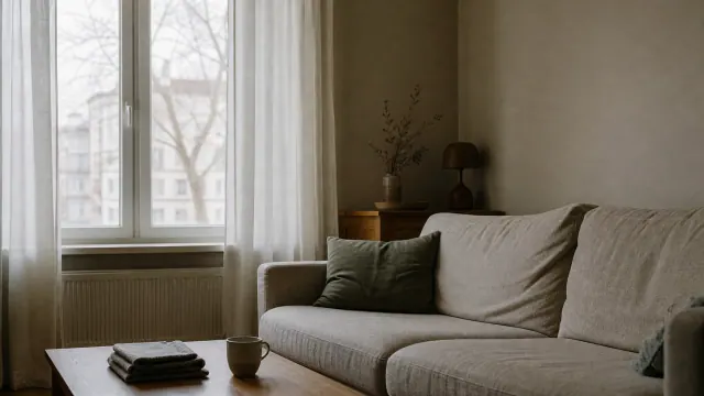 Sofá de tela clara junto a ventana con vista a árboles desnudos desde interior