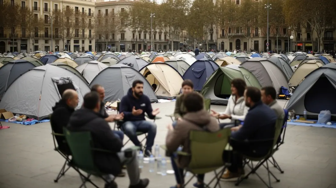 Un grupo de personas acampadas en una plaza urbana rodeadas de tiendas de campaña