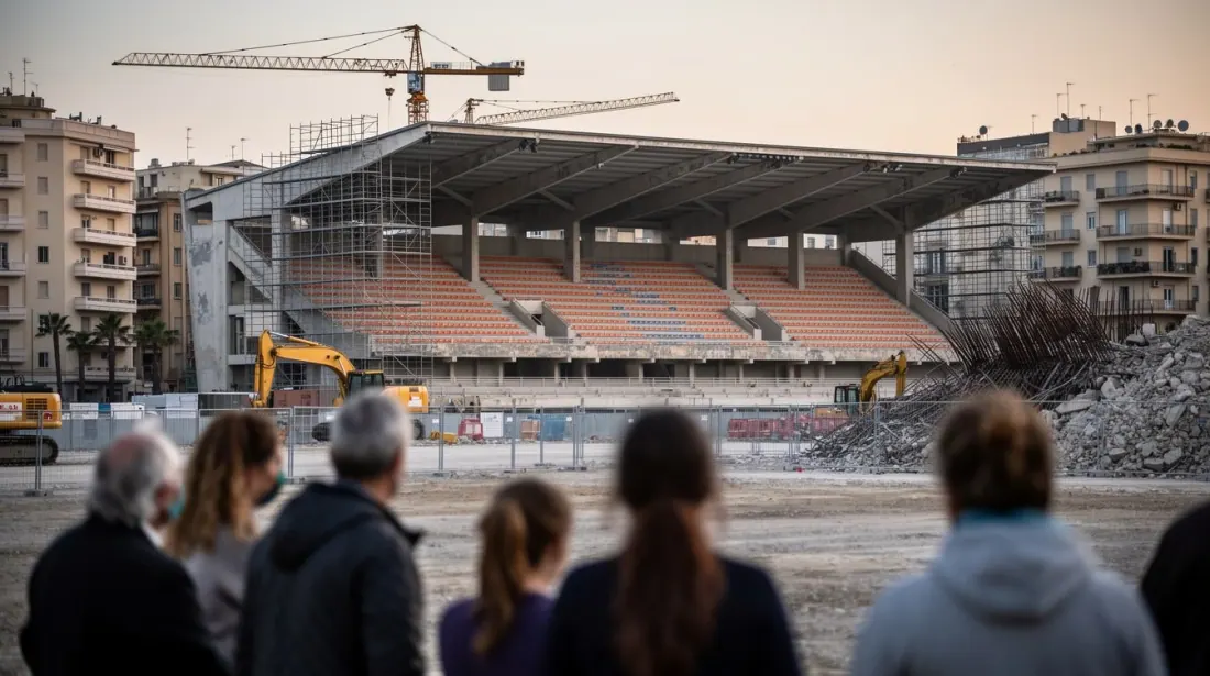 Grupo de personas observa obras de construcción en un estadio de fútbol