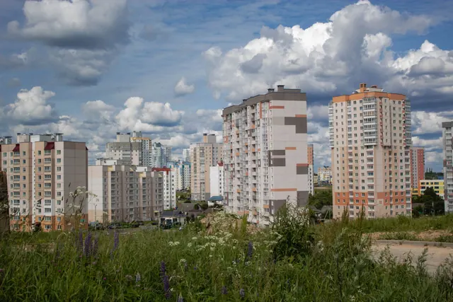 Bloques de viviendas en una zona residencial con vegetación en primer plano