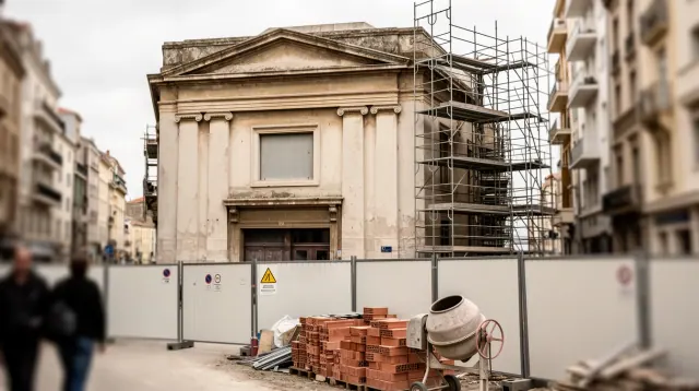 Iglesia neoclásica en reforma con andamios y materiales de construcción en la calle