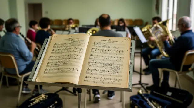Partitura abierta en atril durante ensayo de banda de música en sala
