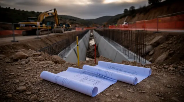 Planos de obra sobre tierra junto a zanja de cimentación en construcción