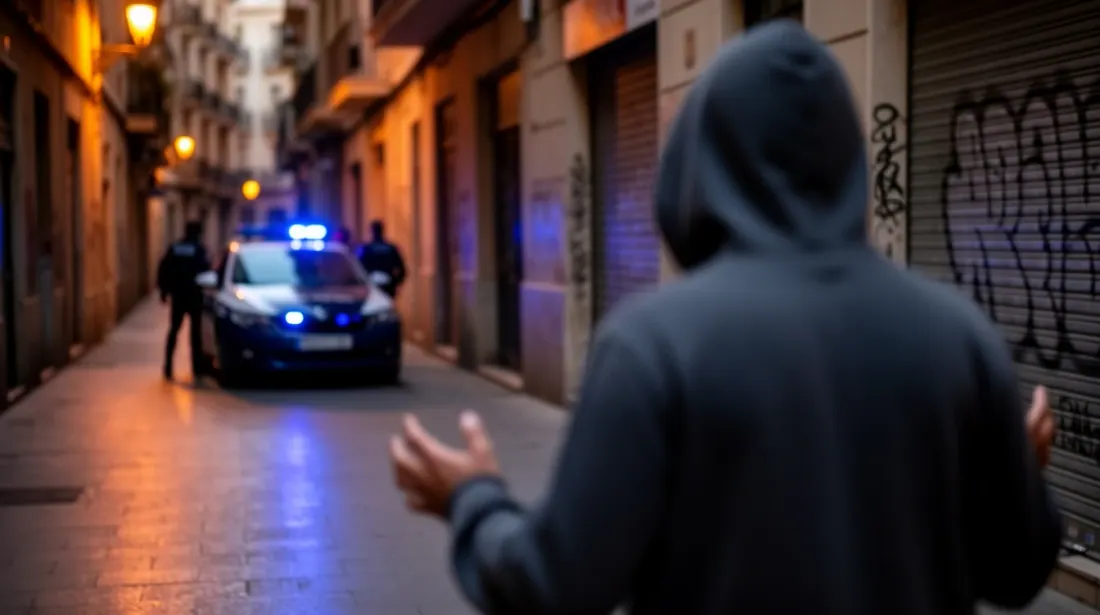 Persona con capucha observa un vehículo policial en una calle nocturna
