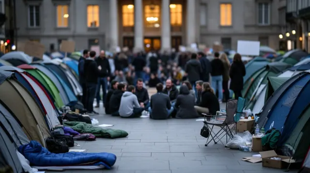 Acampada de tiendas en una plaza urbana con edificios al fondo