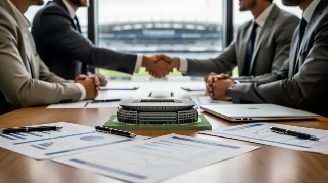 Dos personas se dan la mano en una reunión de negocios junto a una maqueta de estadio