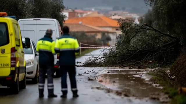 Dos operarios de emergencias junto a vehículos en una carretera inundada con ramas