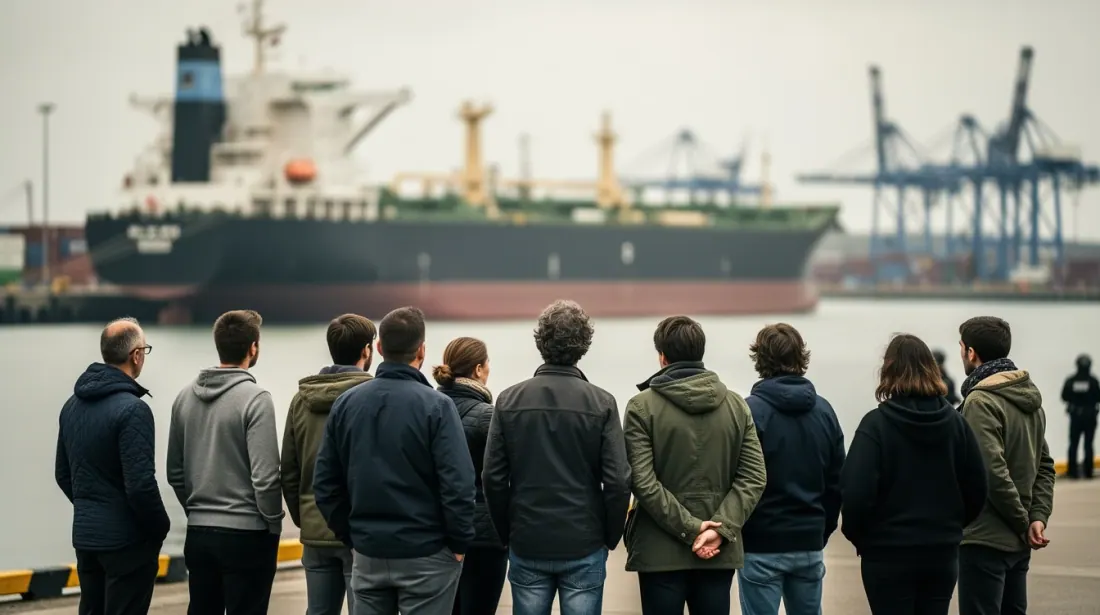 Grupo de personas de espaldas observando un buque carguero en puerto