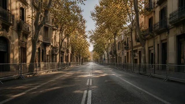 Calle urbana arbolada flanqueada por edificios de arquitectura clásica