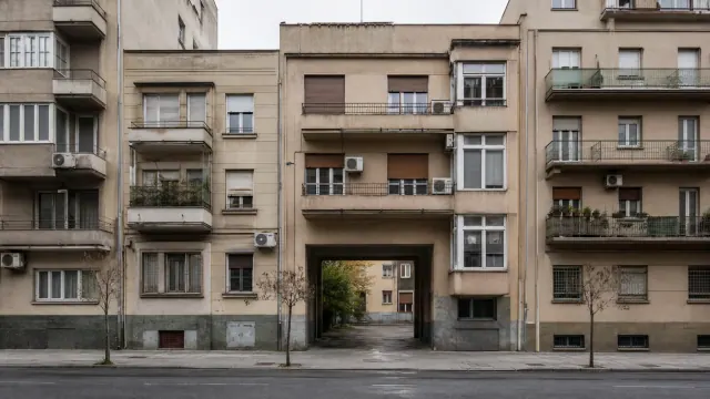 Fachada de edificios residenciales de apartamentos con un paso interior abovedado