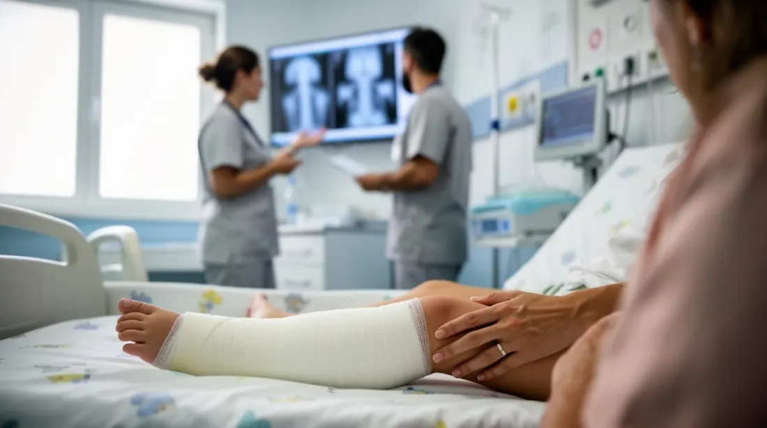 Paciente con escayola en la extremidad inferior en una habitación de hospital