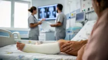 Paciente con escayola en la extremidad inferior en una habitación de hospital