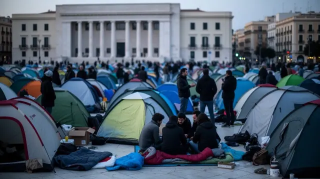 Acampada de migrantes en una plaza frente a un edificio institucional