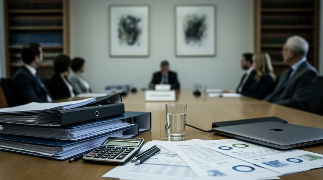 Documentos y material de oficina sobre una mesa de reuniones con personas al fondo