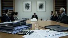 Documentos y material de oficina sobre una mesa de reuniones con personas al fondo