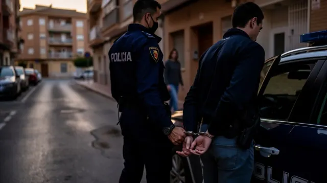 Dos policías escoltan a una persona esposada junto a un vehículo en una calle urbana