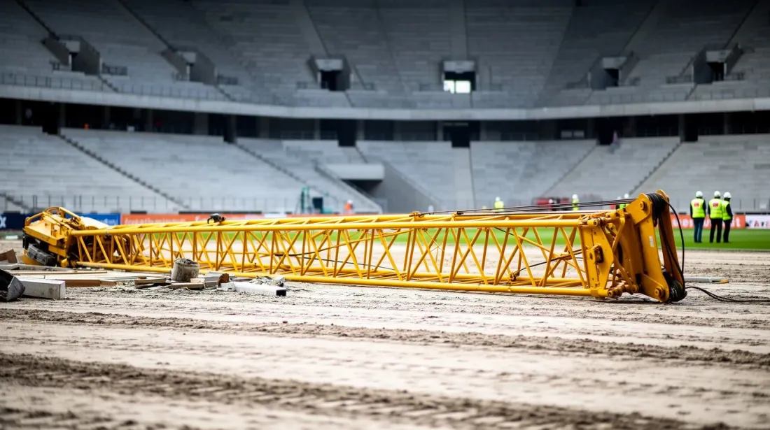 Grúa amarilla tumbada en el terreno de un estadio en construcción