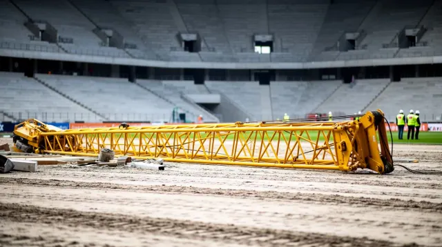 Grúa amarilla tumbada en el terreno de un estadio en construcción