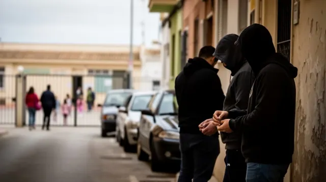 Un grupo de personas con ropa oscura junto a la pared de un edificio en una calle