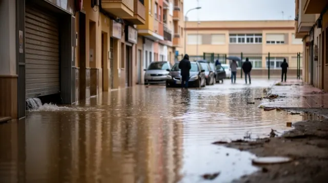 Calle inundada con varias personas y un vehículo en una zona urbana
