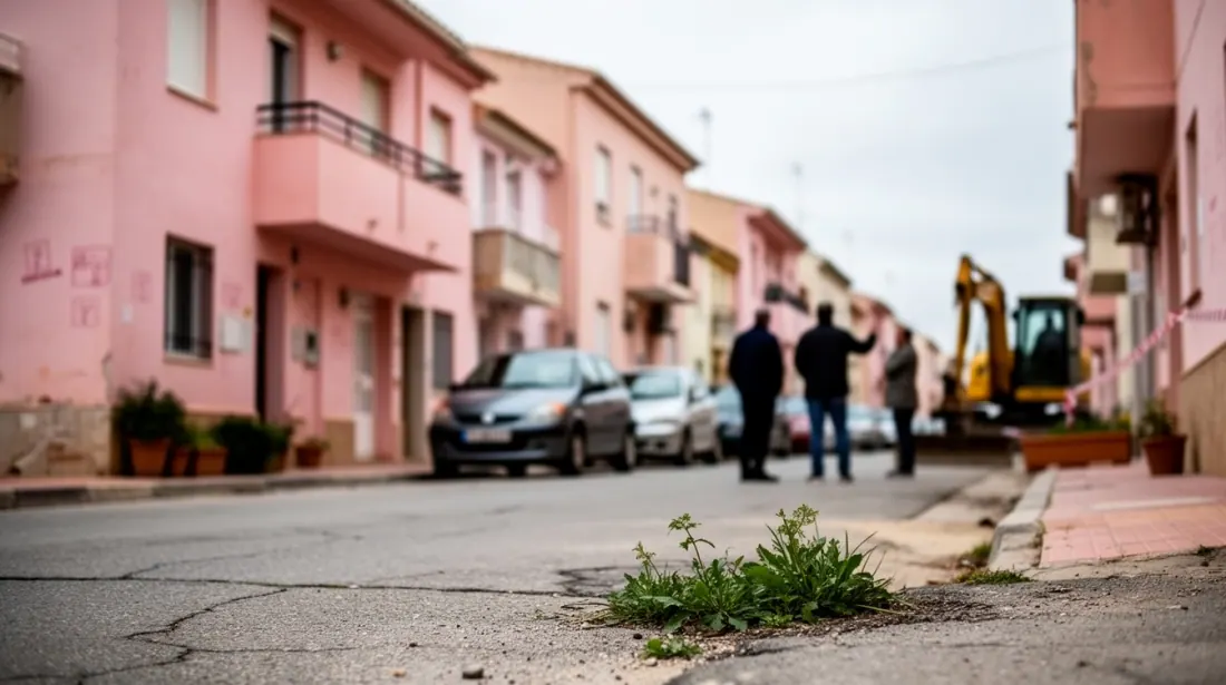 Calle residencial con edificios rosa y grupo de personas junto a vehículos