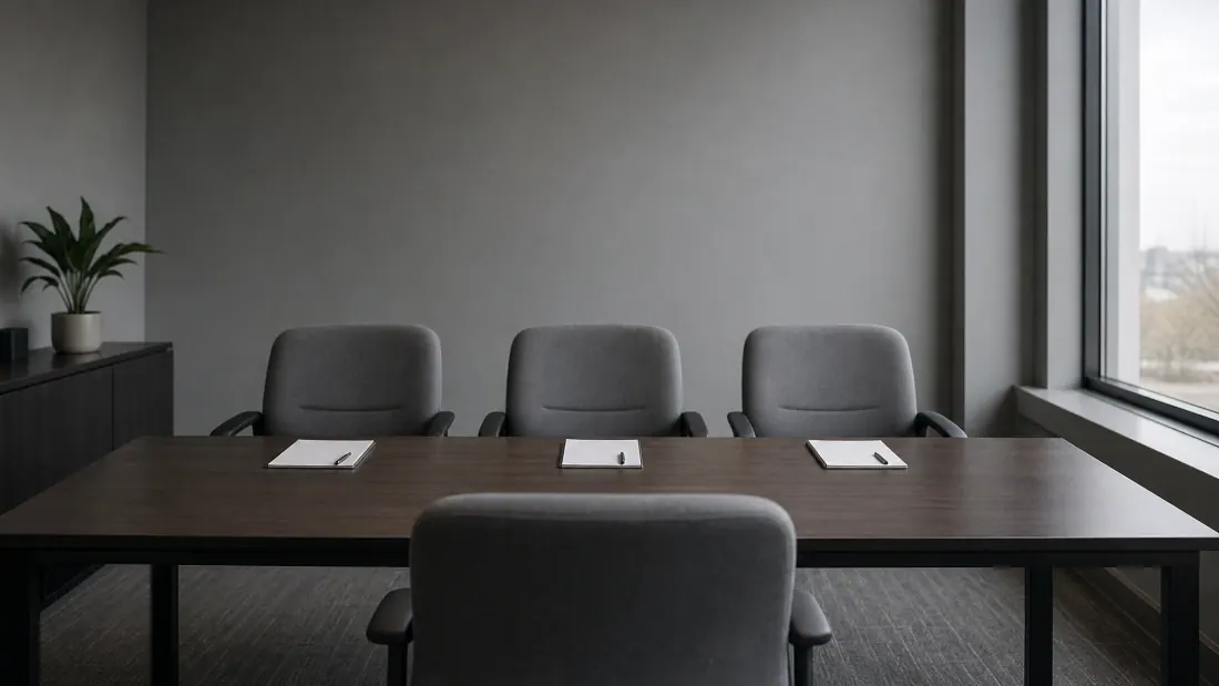 Sala de reuniones con mesa de madera y cuatro sillas de cuero gris vacías