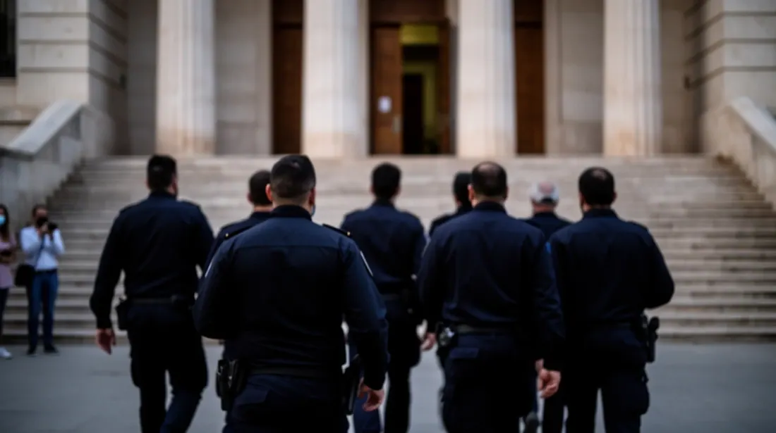 Varios agentes de seguridad en uniforme acceden a los escalinatas de un edificio