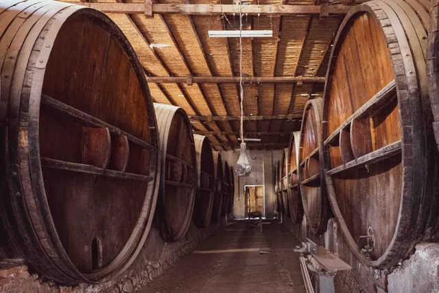 Grandes toneles de madera en una bodega de vino tradicional