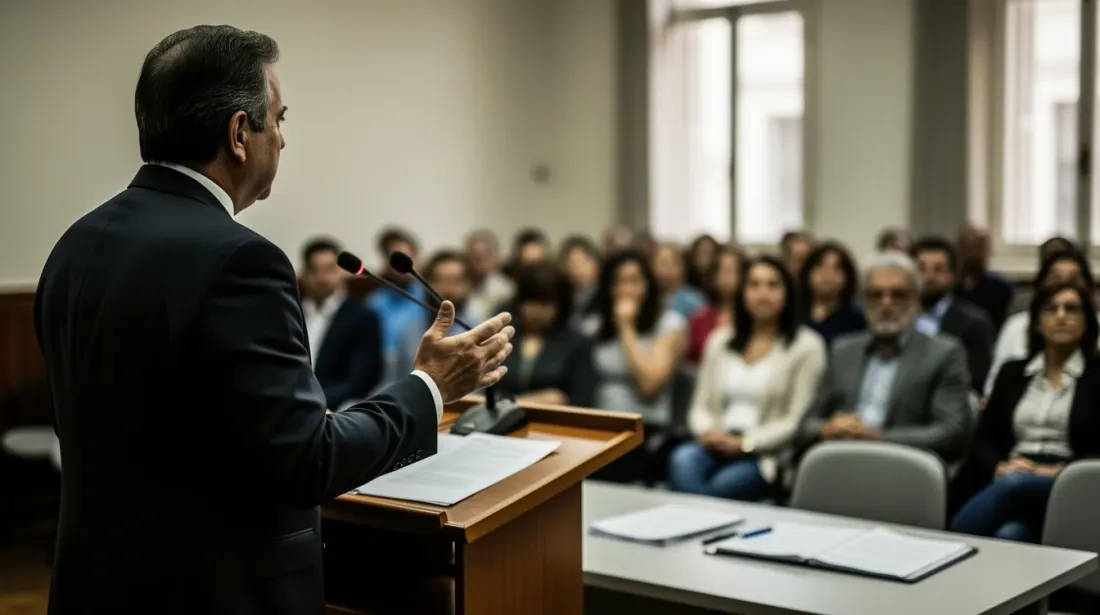 Un hombre da una charla desde un podio ante un grupo de personas en una sala