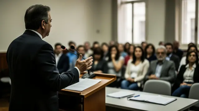 Un hombre da una charla desde un podio ante un grupo de personas en una sala