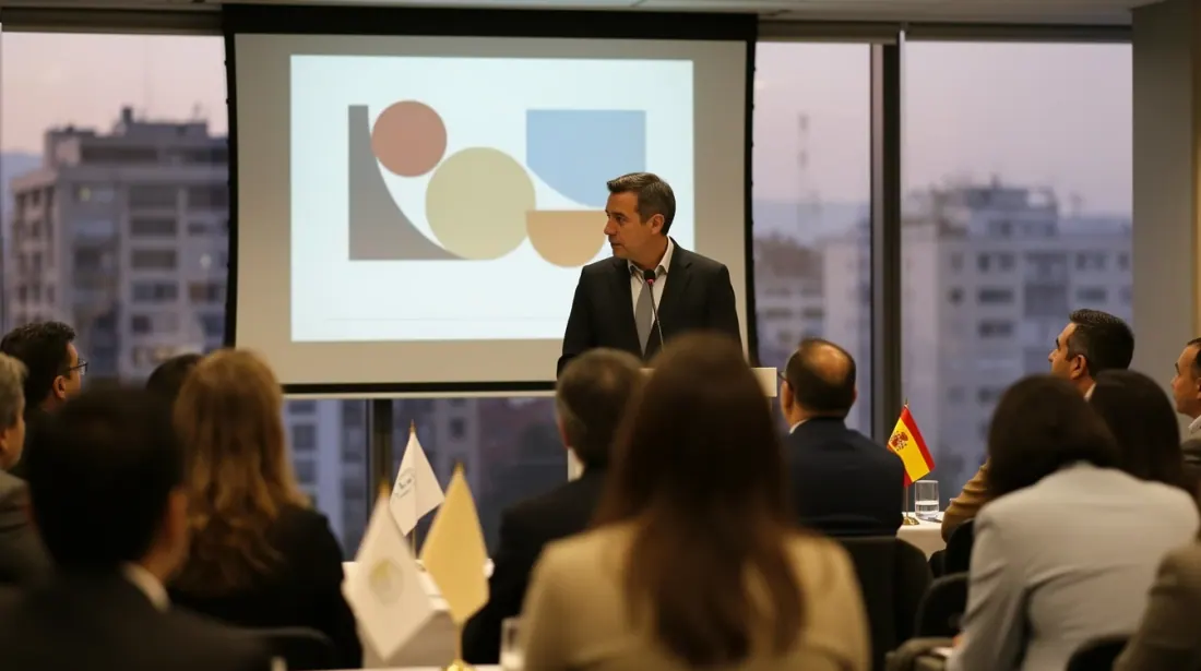 Un hombre presenta una diapositiva con gráficos ante un grupo de personas