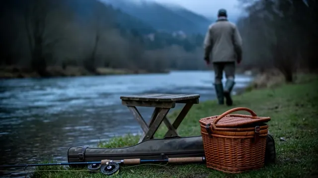 Una persona junto a un río con una caña de pescar, cesta y taburete en la orilla