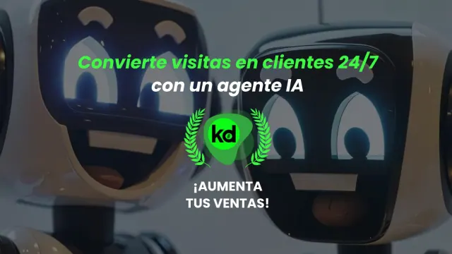 Robots con caras en pantallas junto a un texto publicitario sobre agentes de IA