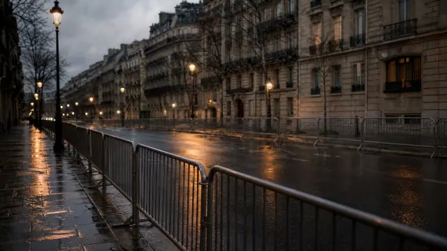 Avenida parisina mojada por lluvia con farolas encendidas al atardecer