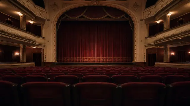 Interior de teatro con butacas rojas y cortina roja cerrada en el escenario