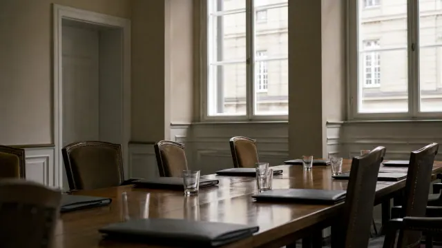 Sala de reuniones con una mesa alargada de madera oscura y sillas ejecutivas